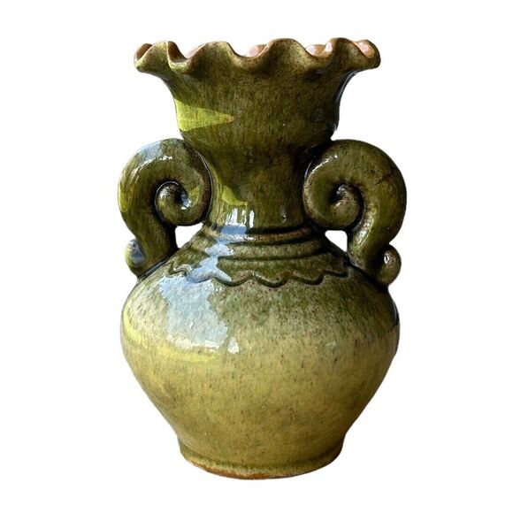Vintage Hand Crafted Green and Brown Fluted Ceramic Handled Jug - Picture 1 of 6